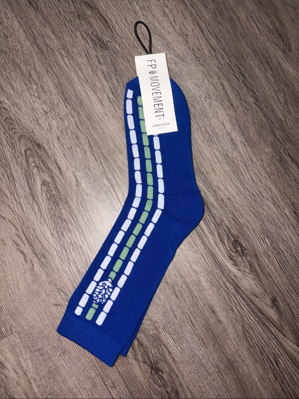 FP Movement Royal Blue Crew Socks with White and Green Stripes